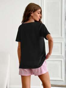 EURMUSE Cotton 2pcs Women Line Print Short And Slogan Print Top Homewear Pajama Set - Black - View 2