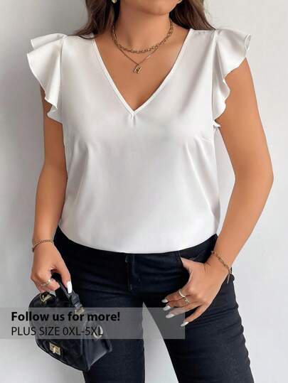 Firerie Plus Size Elegant Office Lady V-Neck Ruffle Cap Sleeve Festive Casual Blouse, Summer Teacher Shirt Spring