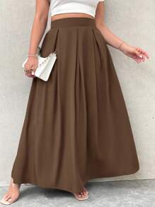 Firerie Plus Size Women Gray High Waist Long Pleated A-Line Skirt With Pockets, Elastic Waist, Back To School Spring To Summer - Khaki - View 4