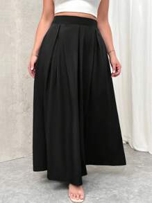 Firerie Plus Size Women's High Waist Grey Maxi Pleated A-Line Skirt With Pockets And Elastic Waistband, Back To School