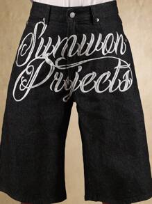 SUMWON Signature Collection Denim Cargo Shorts With Script Embroidery Loose Fit Wide Leg Knee Length Summer Jort Street Style Festival Wear Casual - Blue - View 5