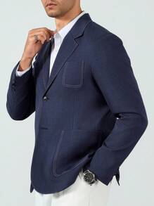 Manfinity Bizformal 男士休闲时尚西装外套，撞色滚边设计 - 藏蓝色 - 查看 1
