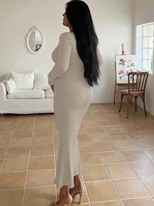 INAWLY Solva Robe décontractée minimaliste à manches longues pour femmes - Beige - Voir 2