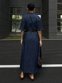 DAZY 女士短袖收腰牛仔连衣裙，夏季吊带裙 - 藍色 - 查看 4
