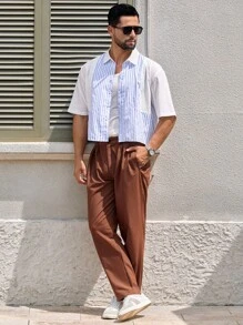 Manfinity VCAY 男士休闲通勤半商务撞色条纹短袖衬衫男条纹衬衫男夏季衬衫白蓝衬衫男衬衫男瓜亚贝拉衬衫 - 白色 - 查看 4