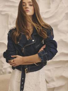 Aralina Winter / Summer Cropped Denim Biker Jacket With Gold Trim Details