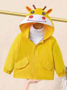Baby Girl Cute Animal Print Reversible Solid Striped Pocket Jacket Fall Winter - Yellow - View 1