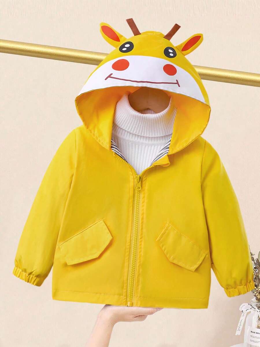 Baby Girl Cute Animal Print Reversible Solid Striped Pocket Jacket Fall Winter - Yellow - View 1
