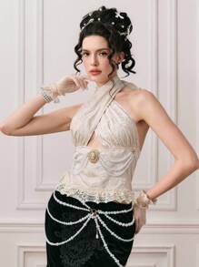 ROMWE EDITION Top de mujer con tejido jacquard vintage con decoración de perlas