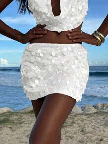 Opulessa White Sequin Mini Skirt With Embroidery For Party Nights White Sequin Skirt Sequin Skirt Bathing Suit Cover Up Skirt Bikini Cover Up Skirt White Cover Up Skirt - White - View 4