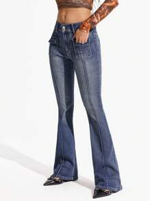 SHEIN Unity 女式休闲低腰喇叭牛仔裤，带牙签口袋设计 - 深色水洗藍 - 查看 2