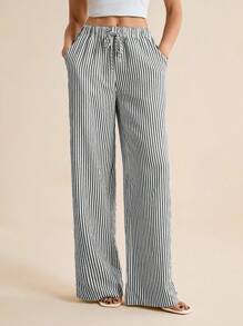 SHEIN Tall 休闲打结松紧腰条纹女裤 - 黑與白 - 查看 3