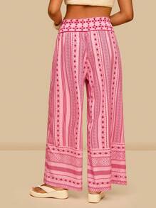 SHEIN VCAY 加大码女式粉色条纹复古印花阔腿宽腰裤，舒适度假夏季粉色波西米亚风裤，女式波西米亚风裤图案裤粉色裤子印花裤，度假海滩度假夏季城市休闲，波西米亚风别致波西米亚风格，欧洲夏季海岛度假蜜月旅行机场外出，乡村音乐会老钱 - 粉色 - 查看 2