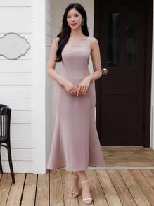 DAZY Damen Einfarbiges Meerjungfrau-Saum tailliertes elegantes Kleid mit dünnen Trägern, knöchellang, Sommer