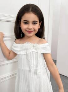 SHEIN Đầm chữ A dệt kim bo gấu, thắt eo, hở vai, thanh lịch, trang trí nơ cho bé gái - trắng - Xem 7