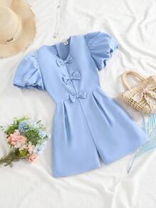 SHEIN Tween Girl 3D Bow Accent Puff Sleeve Romper - Blue - View 2