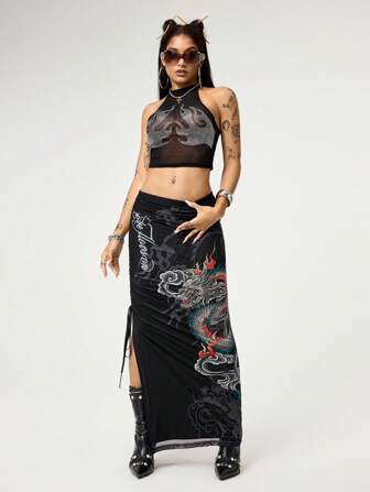 Grunge Punk Jupe moulante maxi à ourlet fendu imprimé tatouage de dragon Y2K