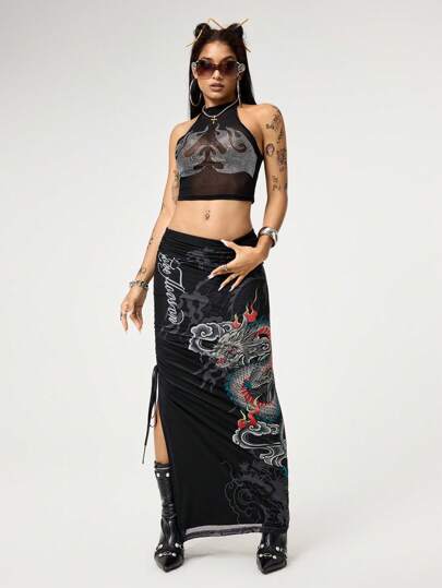 Grunge Punk Jupe moulante maxi à ourlet fendu imprimé tatouage de dragon Y2K