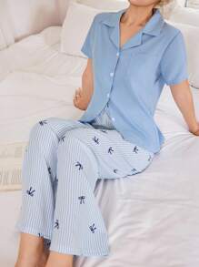 SHEIN 纯色翻领短袖上衣搭配条纹蝴蝶结裤睡衣套装