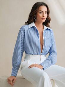 Anewsta Blusa de manga larga a rayas con parches de encaje 2 en 1 para mujer - Azul - Ver 6