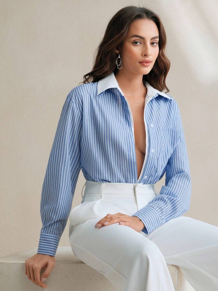 Women's 2 In 1 Lace Patchwork Striped Long Sleeve Blouse