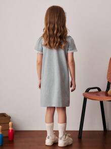 PrepCrw Vestido de manga corta hasta la rodilla con cuello a medias con bloque de colores y decoración de lazo para niñas jóvenes