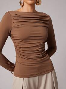 Silquee Women's Solid Color Boat Neck Dolman Sleeve Gathered Casual T-Shirt,Business Casual Top,Long Sleeve Top,Old Money Style Women,Fall Women Clothes,Back To School Clothes,Going Out Women,Going Out Outfits,Date Night Outfits Women