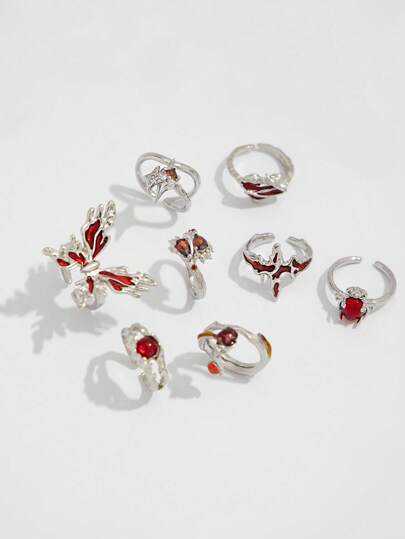 Grunge Punk 8pcs Adjustable Punk Style Metal Butterfly & Star Rings