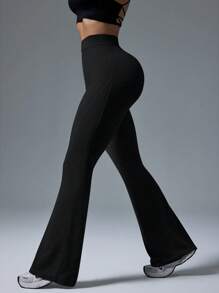 Dewbera Pantaloni sport casual cu talie înaltă pentru femei, culoare solidă, evazați - Negru - Vizualizare 8