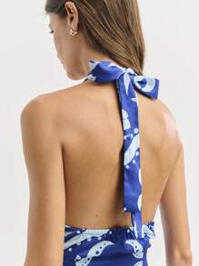 Nöista Vestido corto de cuello halter con estampados inspirados en el mar, corte delantero y detalle de lazo. ¡Un look destacado para el 4 de julio perfecto para fiestas en la playa y escapadas junto al océano!