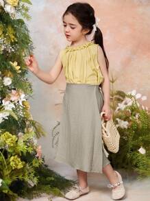 Dazy Kids Young Girl Plain Color Wrap Around Casual Versatile Mini Skirt - Khaki - View 5