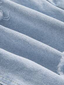 SHEIN PETITE 女士口袋做旧流苏宽松休闲百搭牛仔短裙 - 淺色水洗藍 - 查看 5