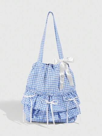 Fairycore 1pc Sweet Style Blue Plaid Bow Decor Women's Shoulder Bag, Layered Floral Handbag Backpack For Back To School