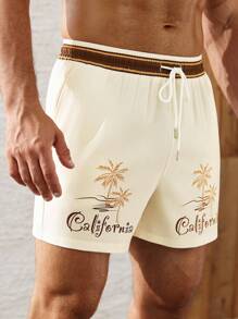 Manfinity KASUA 男士夏季度假椰子树和字母印花抽绳腰沙滩短裤