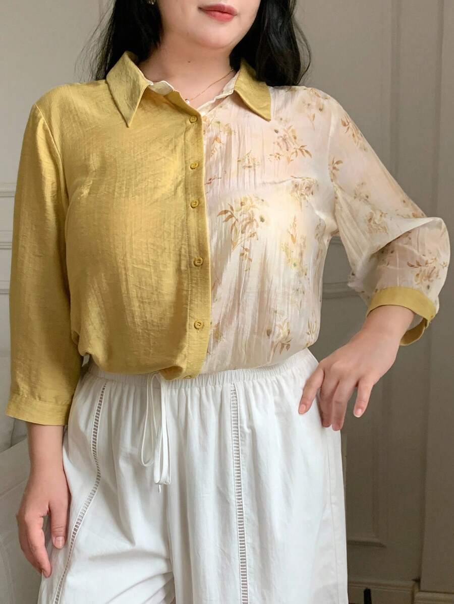 Modelyn 大码优雅通勤拼色花卉印花衬衫 - 彩色 - 查看 1