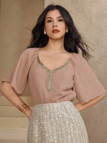 DAZY Women's Elegant Splicing Tape Decor Round Neck Blouse, Summer Carnival - Baby Pink - View 3