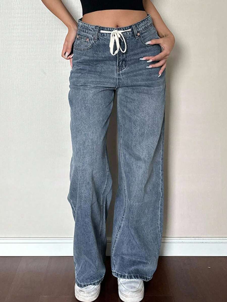 DAZY 复古经典高腰直筒抽绳牛仔裤 - 深色水洗藍 - 查看 1