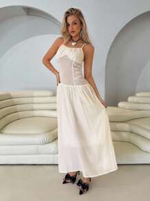 Roylia Woven Jacquard Fabric, Crinkled Texture, Plaid Pattern, Solid Color, Form-Fitting, Spaghetti Strap, Chest Ruching, Waist Gathering, Pleated, Open Back, Super Flare A-Line Silhouette, Occasions: Festive, Vacation, Party, Elegant, Sexy, Luxurious, Romantic, Casual, Spring/Summer Women Maxi Dress - Apricot - View 2