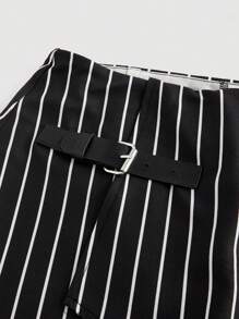 SHEIN MOD Adjustable Buckle Black & White Striped Elegant Suit Skirt Pants For Women