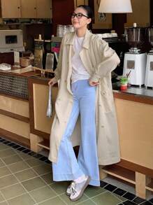 DAZY 女士纯色休闲长袖韩版长款薄款夹克秋冬 - 卡其色 - 查看 5