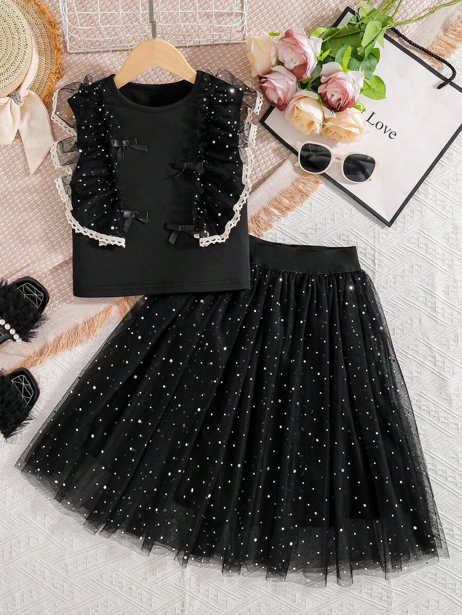 Tween Girl Sequin Mesh Ruffle Bow Decor Camisole & Sequin Mesh Skirt Set - Black - View 1