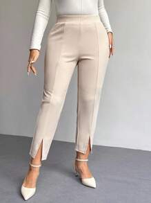 Firerie Plus Size Women Solid Color Split Hem Slim Fit Daily Office Pants Fall - Apricot - View 5