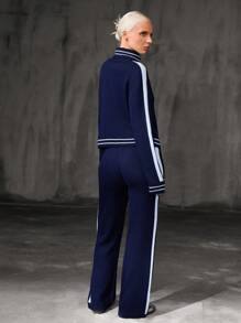 CasuGlow Women Stripe Hem Detailed High Neck Drop Shoulder Pullover & Sweater Pants Set Back To School Y2k Fall Women Clothes,Petite Co Ord,Co Ord,Petite - Navy Blue - View 2
