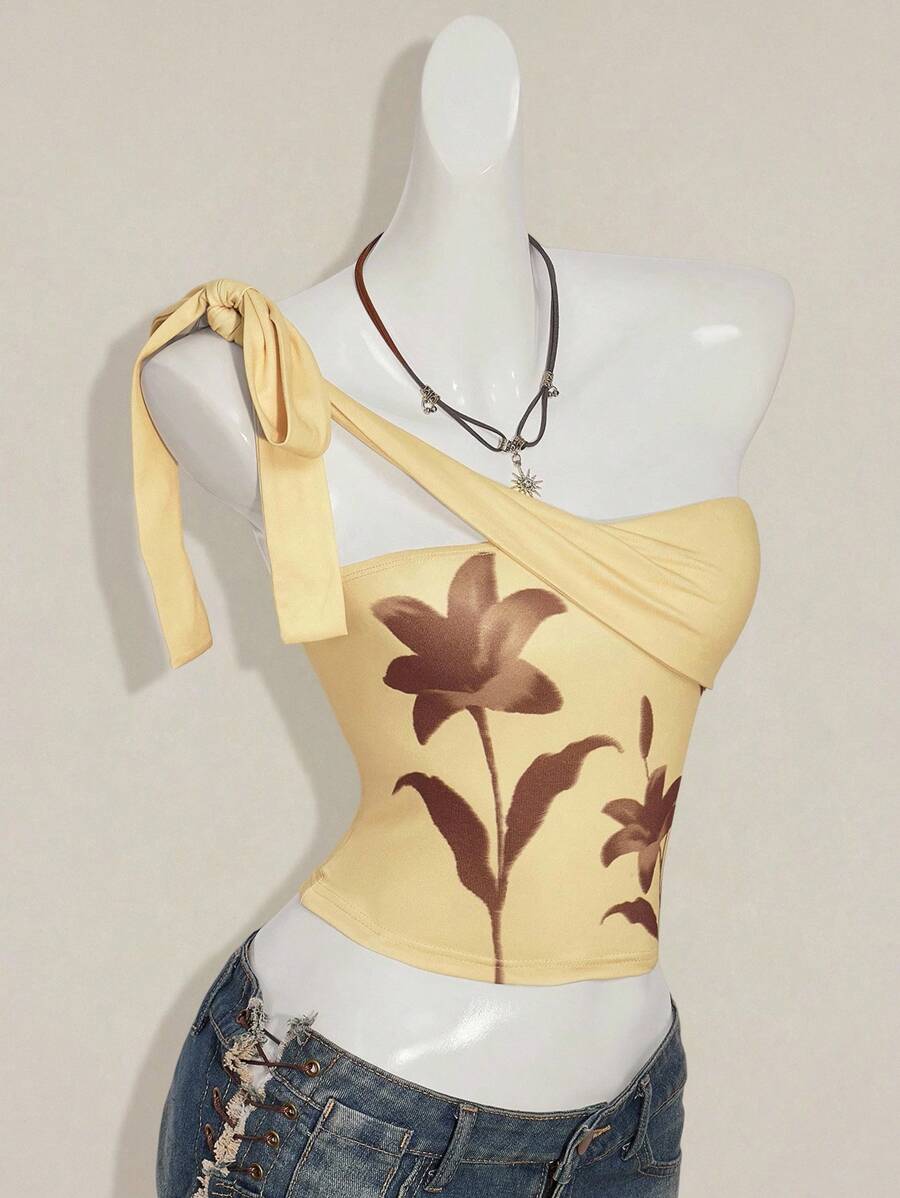 SHEIN ICON 女式波西米亚风性感图案黄色复古花卉印花挂脖无袖休闲衬衫