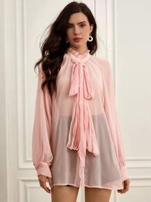 GENKIRA Elegant Chiffon Ruched Loose Collar Women Shirt With Bowknot Design, Sophisticated Style, Suitable For Work, Long Sleeve Fall Cloth For Women - Yellow - View 4