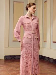 ZEYLAH Women's Elegant Solid Color Lace Splice Midi Dress Fall Cloth For Women - Pink - View 1