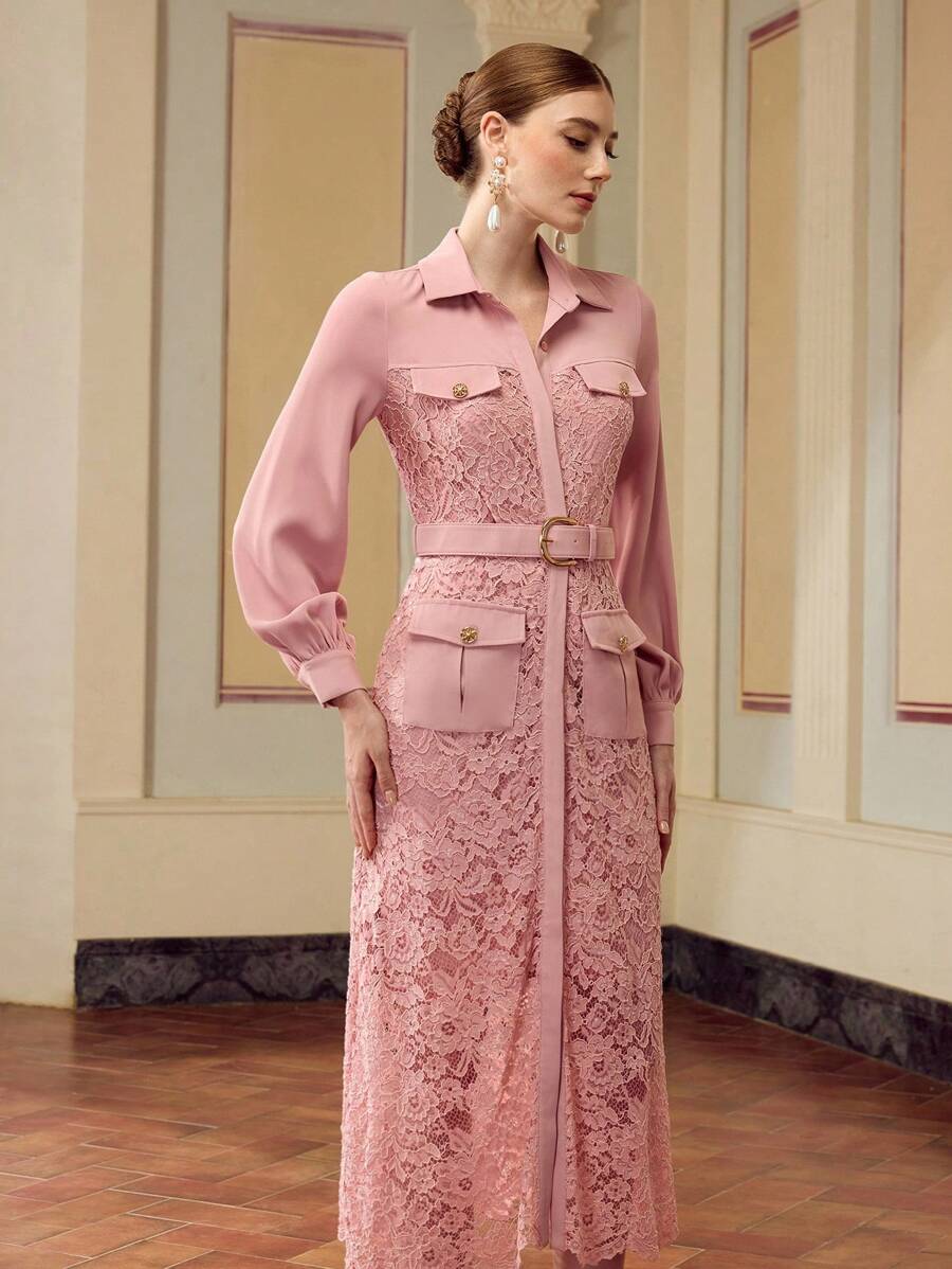 ZEYLAH Women's Elegant Solid Color Lace Splice Midi Dress Fall Cloth For Women - Pink - View 1