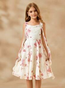 SHEIN Tween Girls' Floral Print Ruched Fancy Party Dress - Apricot - View 6