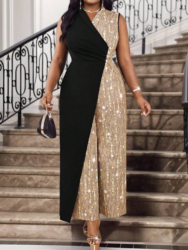 SHEIN Lady Plus Size Women's Black White Sleeveless Wide Leg Jumpsuit With Cross Neck And Pearl Embellished Concert Women's Jumpsuit Four Seasons For Valentine's Day New Year Party