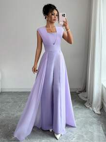 Rafferiza 新款法式女式无袖连体裤，夏季优雅奢华垂坠修身连体裤 - 紫色 - 查看 3